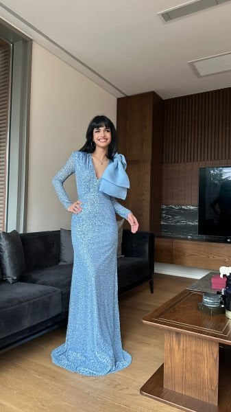 Naz Bebe Mavi Kurdela Payet Elbise